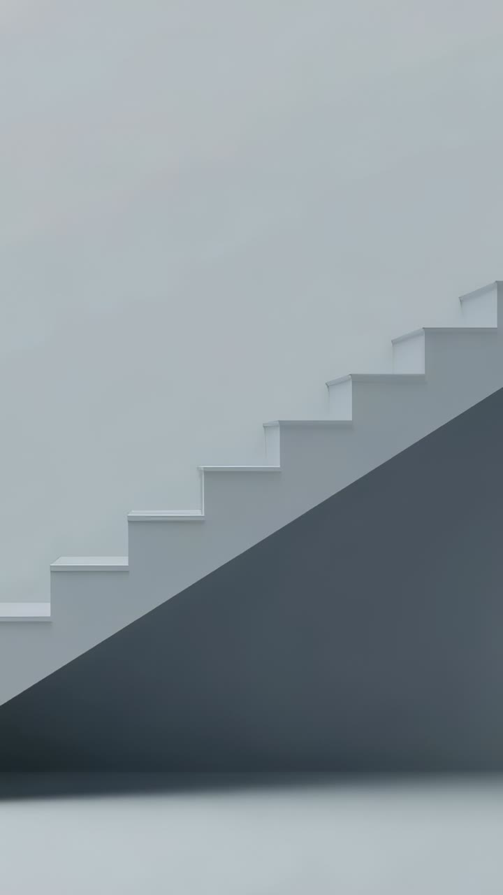 Vertical video: Showing frames of white stepped stair dividing dark triangle in gallery interior