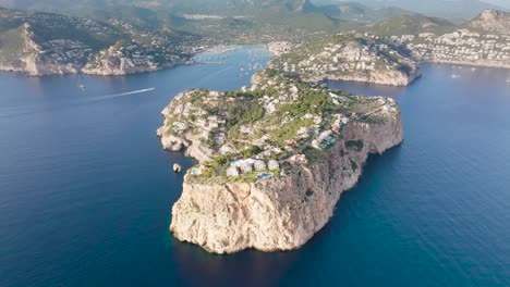 Impressive-aerial-landscape-of-limestone-archipelago-with-blue-water,-Spain