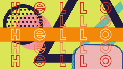 animation of hello text over colorful graphics and shapes