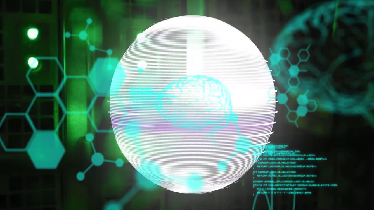 animación de datos científicos, cerebros y globo que se mueven sobre los servidores