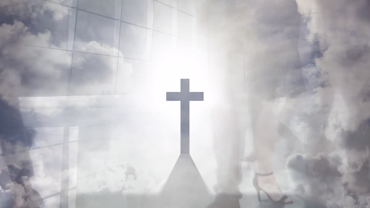 거리에서  ⁇ 는 사람들 위에 십자가와 빛의 애니메이션