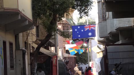 low angle shot of australia flag hanged over the street during the fifa world cup