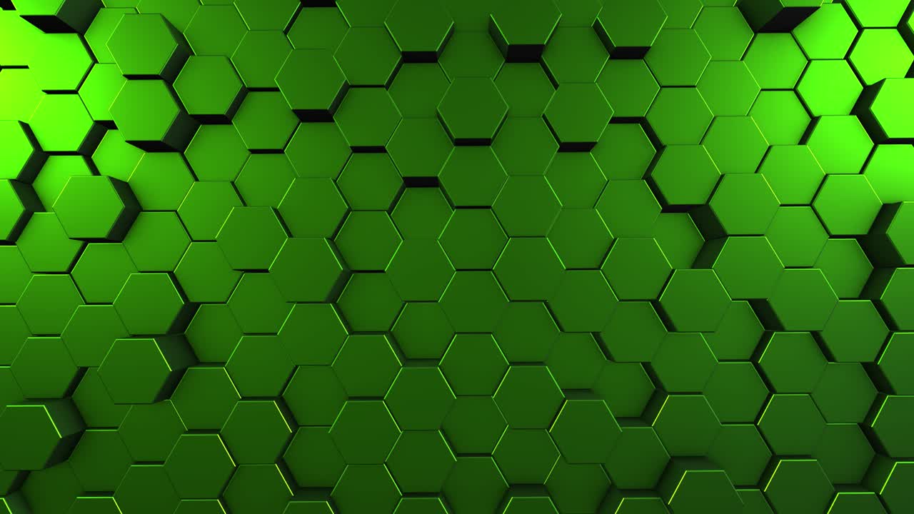 4K Hexagons on Surface Morphing with a strong lighting in Seamless 3d Animation, Abstract Motion Design Background - Abstract Shapes (Loopable) - Hexagonal patterns randomly moving - Green Color - Giant's Causeway and Causeway Coast