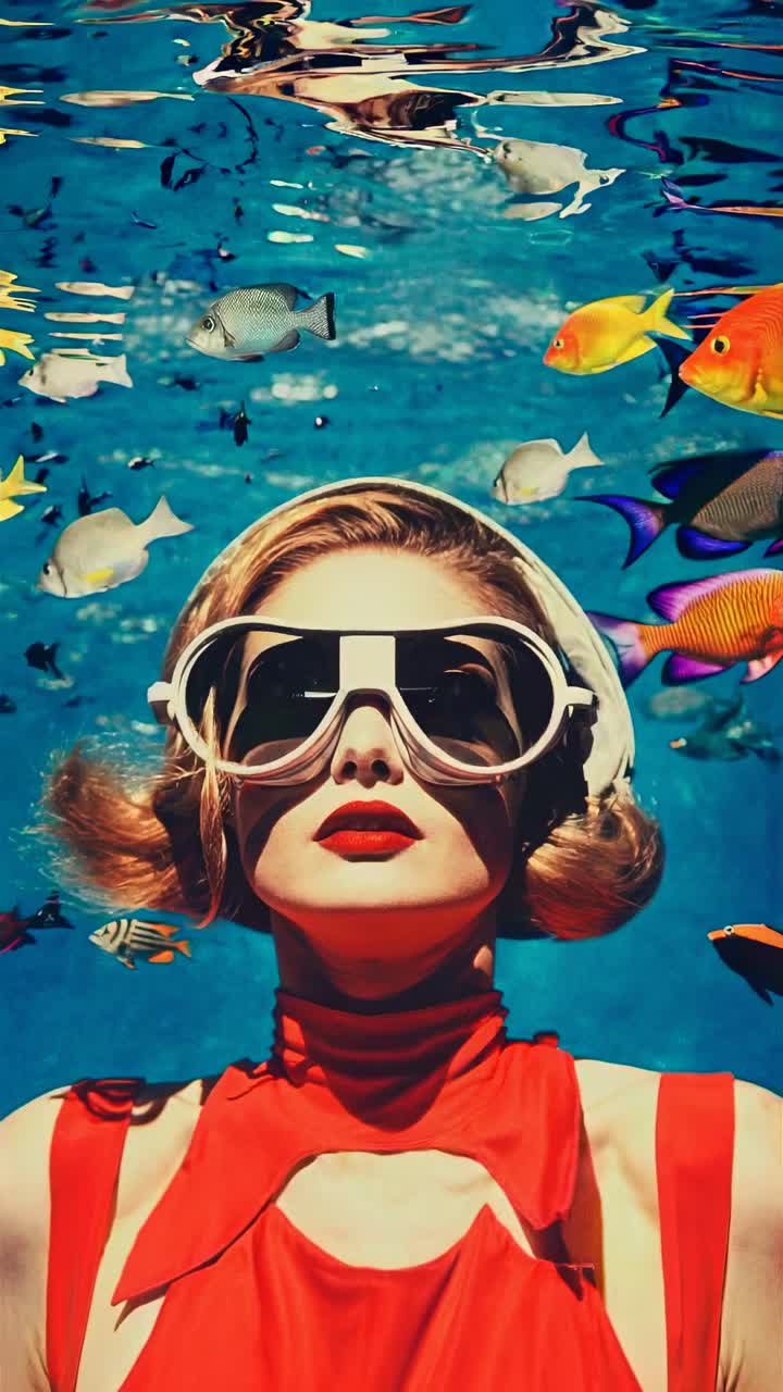 Retro Woman Underwater with Fish