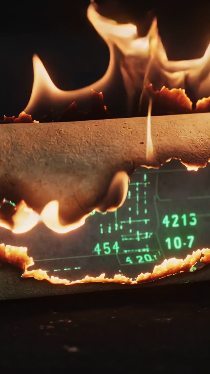 Vertical video: Licking flame igniting sheet burning down on dark table, exposing green readout