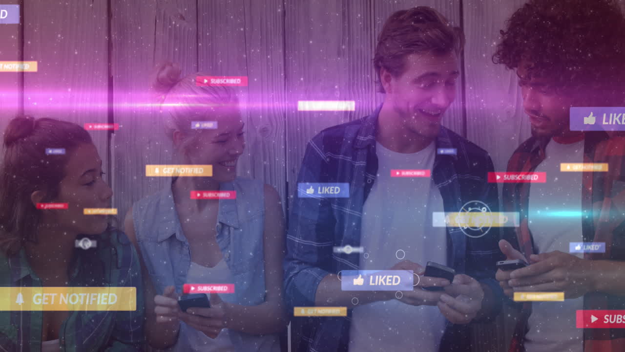 animación de iconos de redes sociales con textos sobre diversas personas que usan teléfonos inteligentes.