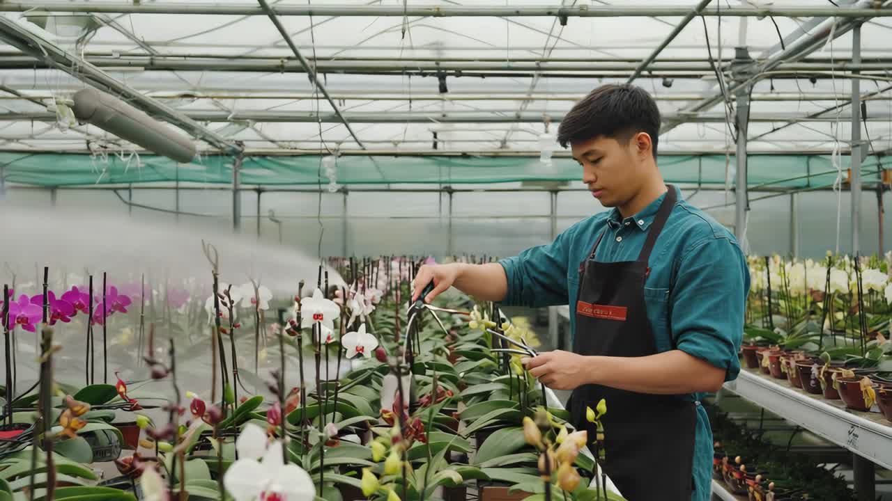 Man watering orchids in a greenhouse