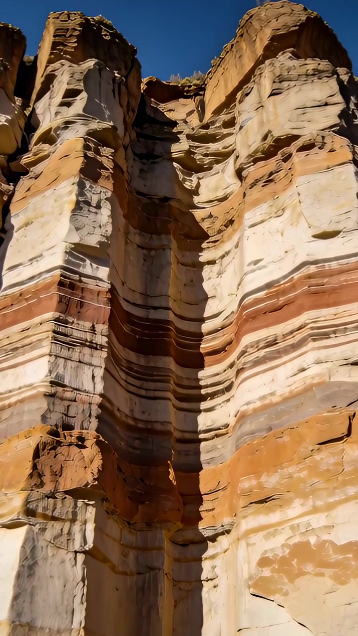 Video verticale: Telecamera che si inclina rivelando una scogliera di arenaria alla base, mostrando strati, una fessura e il cielo blu