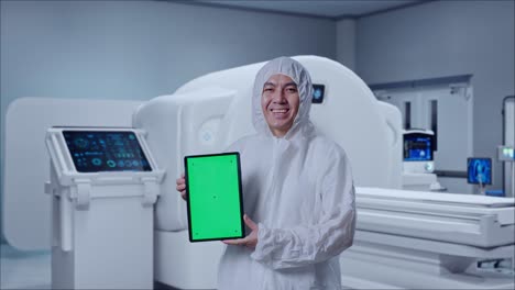asian male scientist smiling and showing green screen tablet while standing with mri machine in the hospital