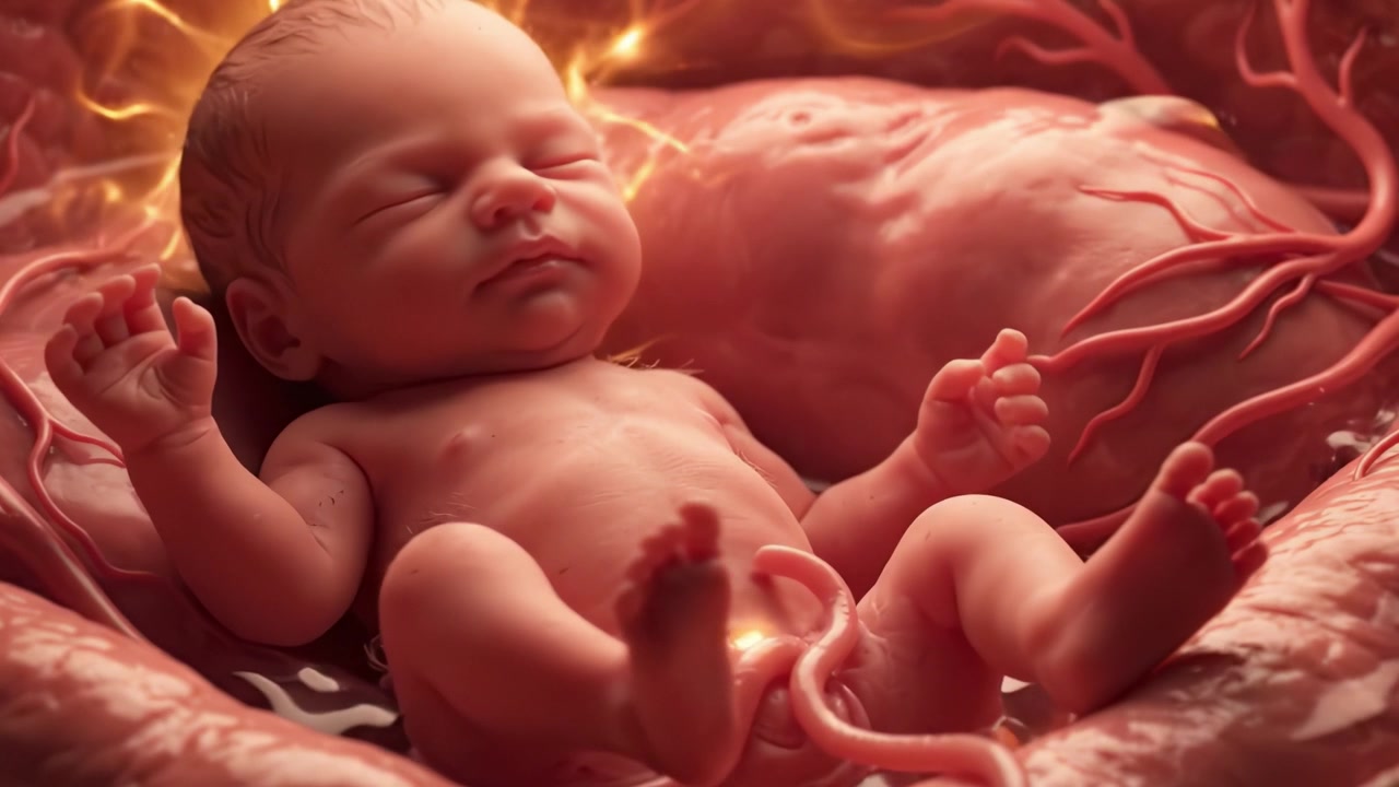 Un neonato sereno nell'utero: catturando la tranquillità e la linfa vitale dell'inizio della vita, circondato da tessuti materni e strutture vascolari.