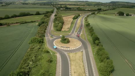 aerial shot of road infrastructure in rural english countryside