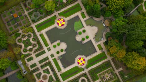 Top-down-vertigo-aerial-of-baroque-royal-gardens-of-Dutch-castle-Arcen