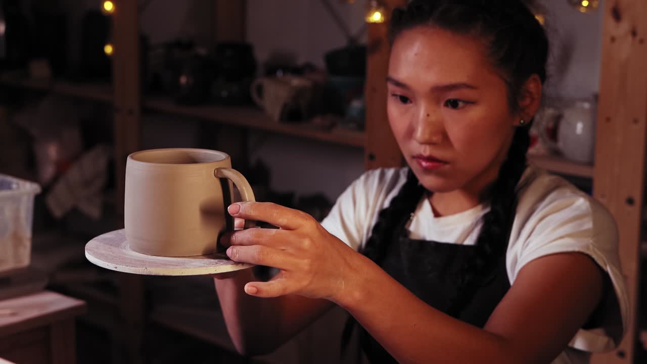 스튜디오에서 도자기 - 여성 도자기는 컵에 손잡이를 시도