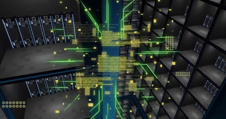 Animation of circuit board and digital data processing over computer servers