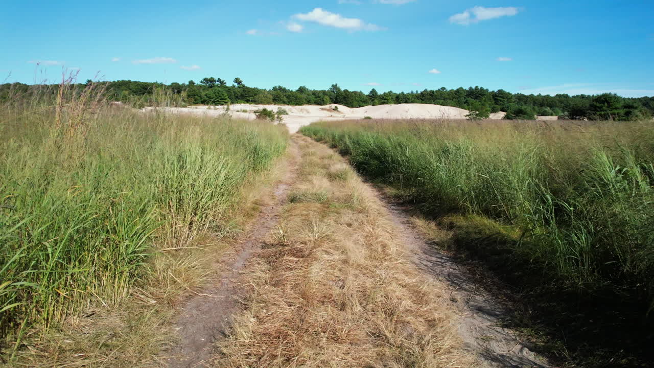 siguiendo un camino de tierra más allá de las hierbas altas del área de gestión del gran río en rhode island