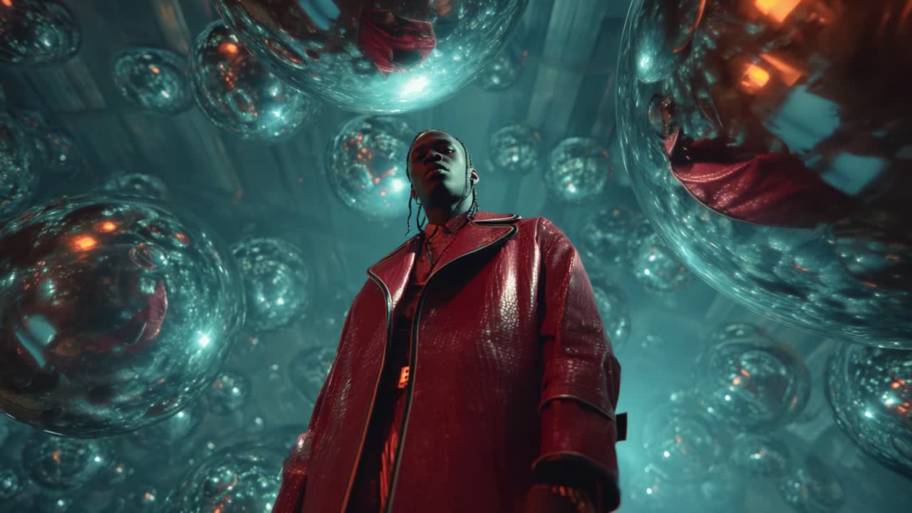 A strikingly surreal scene featuring a person clad in a bold red leather coat, standing in a space filled with reflective orbs that create a mesmerizing atmosphere, enhancing the artistic depth and visual intrigue