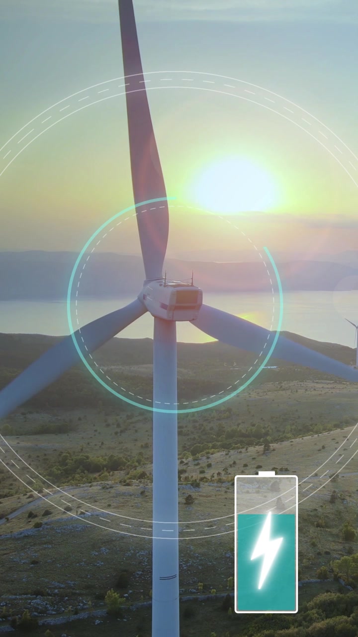 Imagem vertical de uma turbina eólica ao pôr do sol com uma sobreposição animada mostrando uma bateria carregando, simbolizando energia renovável e tecnologia sustentável.