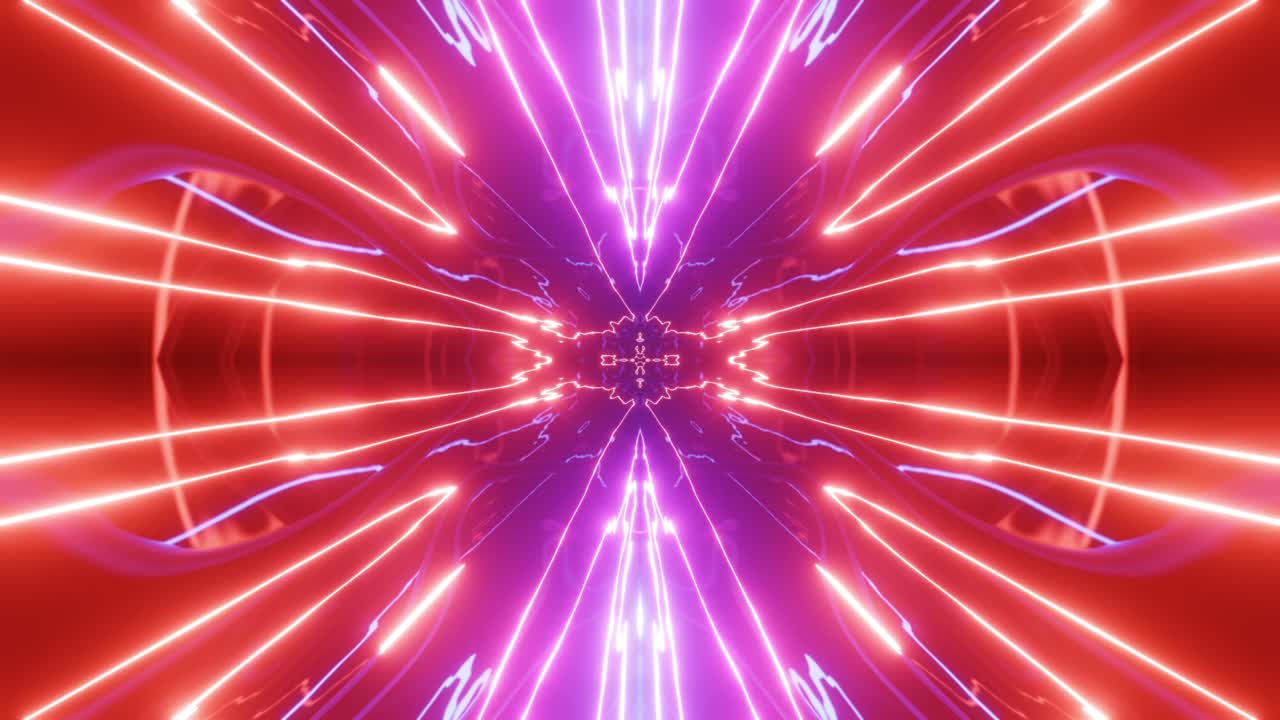 background di design in loop vj con luce neon brillante. abstract bg costruzione 3d simmetrica luminosa. strutture tecniche luminose misteriose. night club vj. hi tech sci-fi tecnologia moderna bg