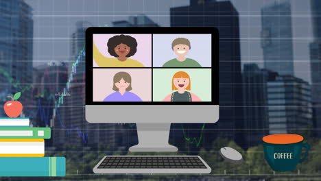 animación de la pantalla con personas y gráficos sobre el paisaje urbano