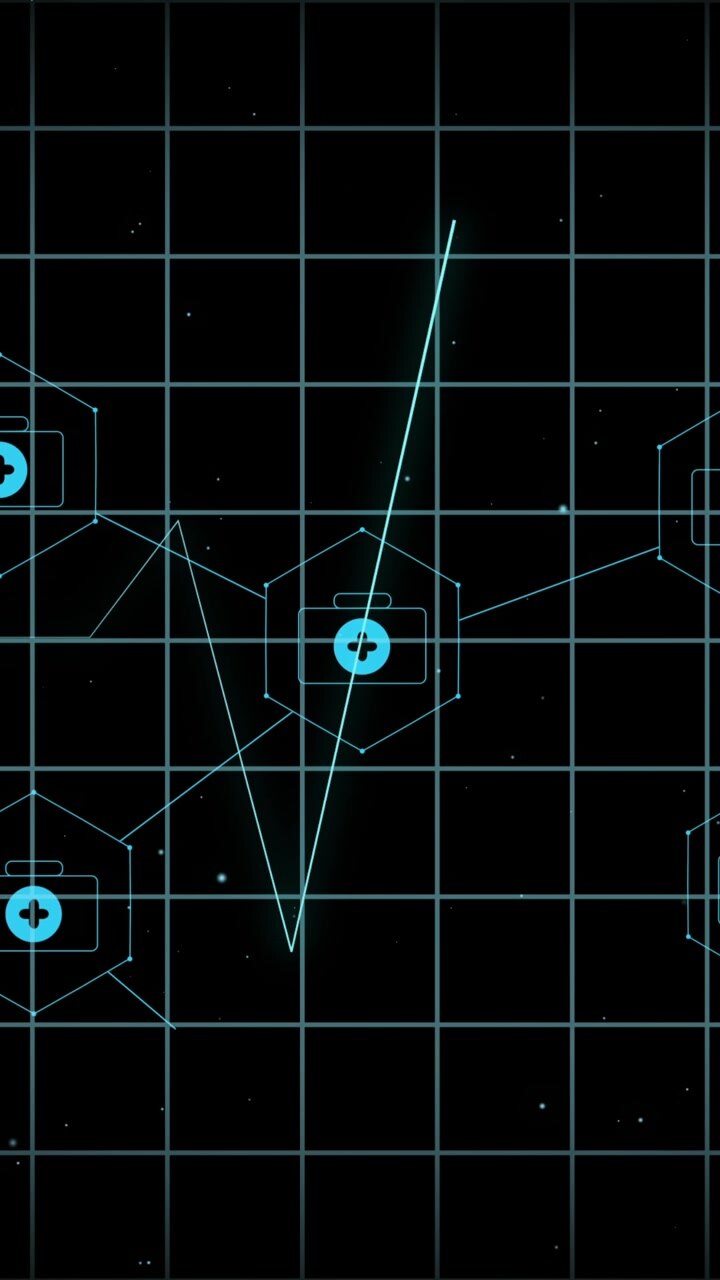 Animation of medical icons and cardiograph on black background
