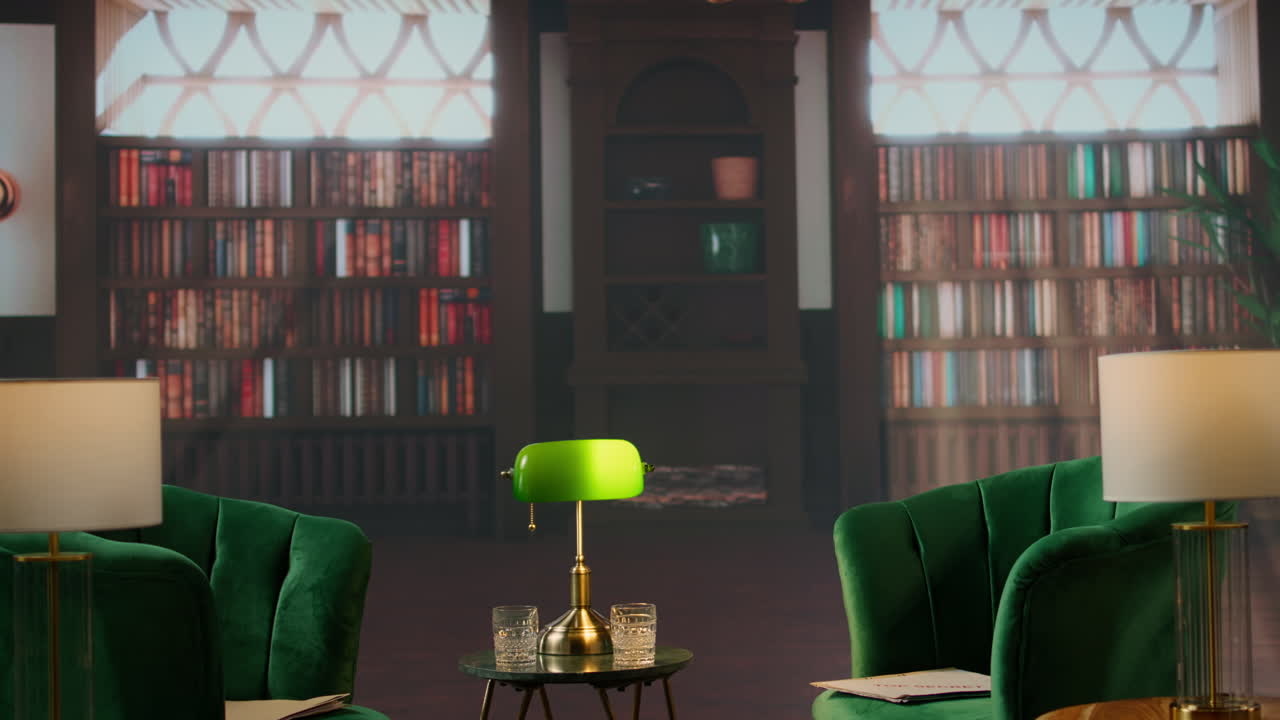 acogedora biblioteca vintage con sillas verdes y copas de whisky crean un entorno elegante