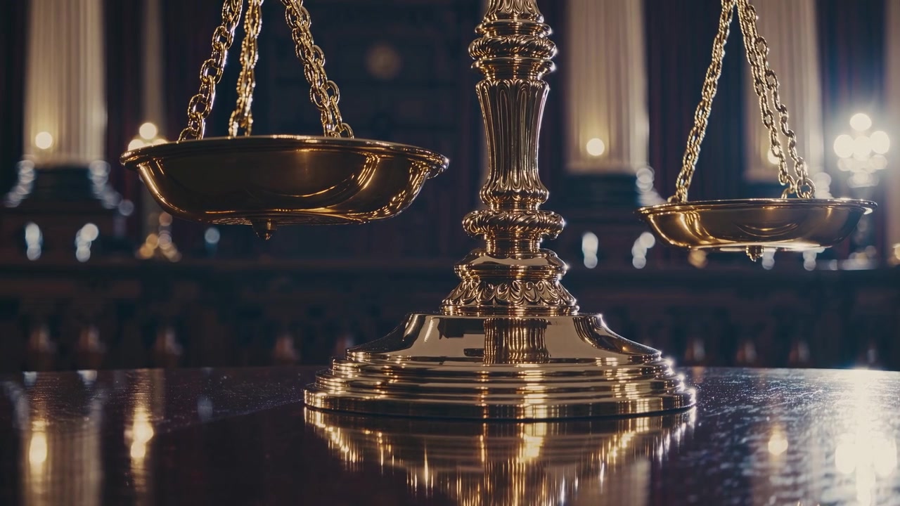 Bilancia della giustizia dorata in un'aula di tribunale