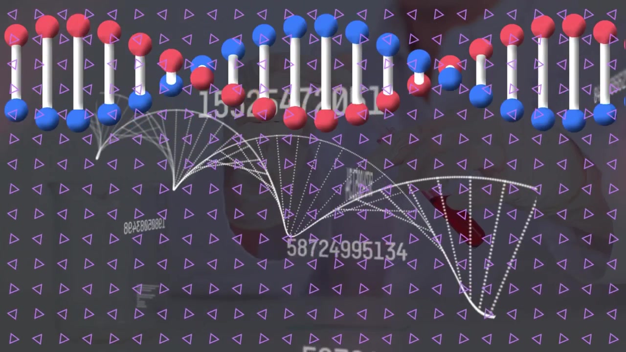 Kolmioiden ja monivärisen DNA-kaksoiskierteen animaatio abstraktilla taustalla.