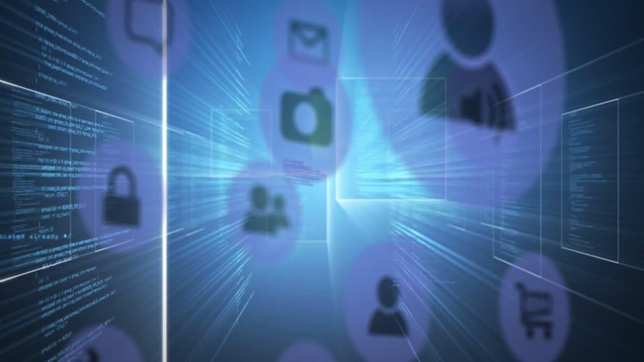 cybersecurity dashboard projecting holographic interface, with floating padlock envelope user icons