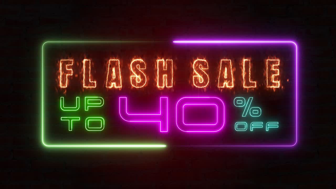 venta flash con trueno azul colorido de línea de neón blaze brillante parpadeante marco de bucle de animación al azar en un fondo negro.