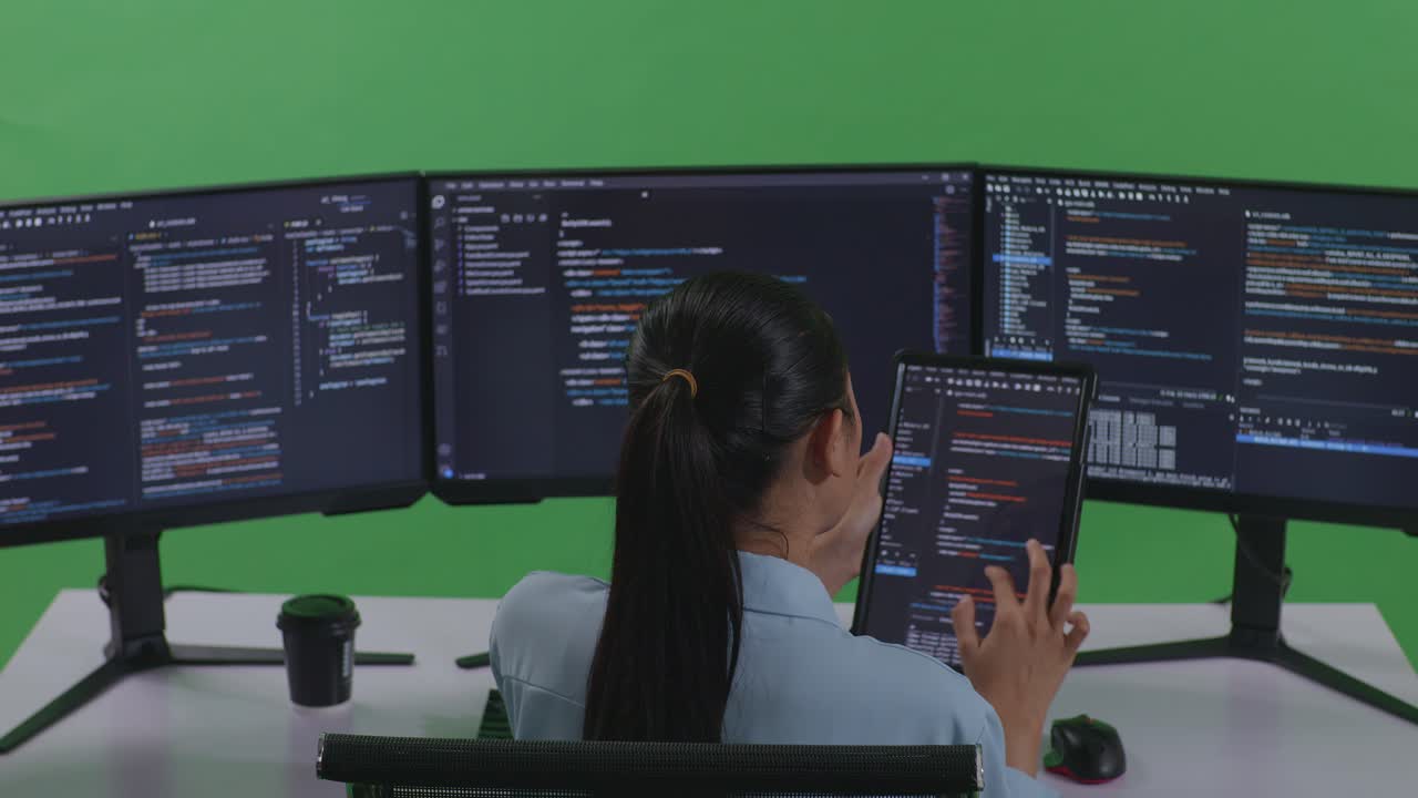 vista trasera de una desarrolladora asiática trabajando con una tableta mientras escribe código con múltiples pantallas de computadora en un estudio de pantalla verde