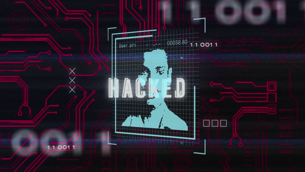Hacked text over digital user profile and circuit board animation