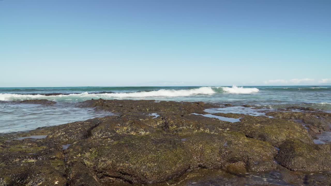 Onde che si infrangono su roccia lavica coperta di muschio con pozze di marea.