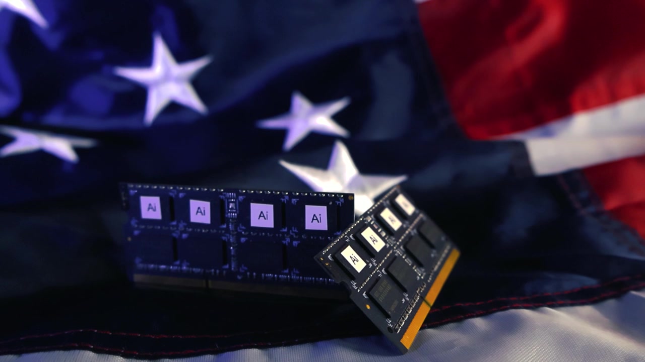 Makro widok zaawansowanych chipów pamięci AI spoczywających na powiewającej amerykańskiej fladze, symbolizujący przywództwo USA w globalnym przemyśle półprzewodników i konkurencji w innowacjach technologicznych