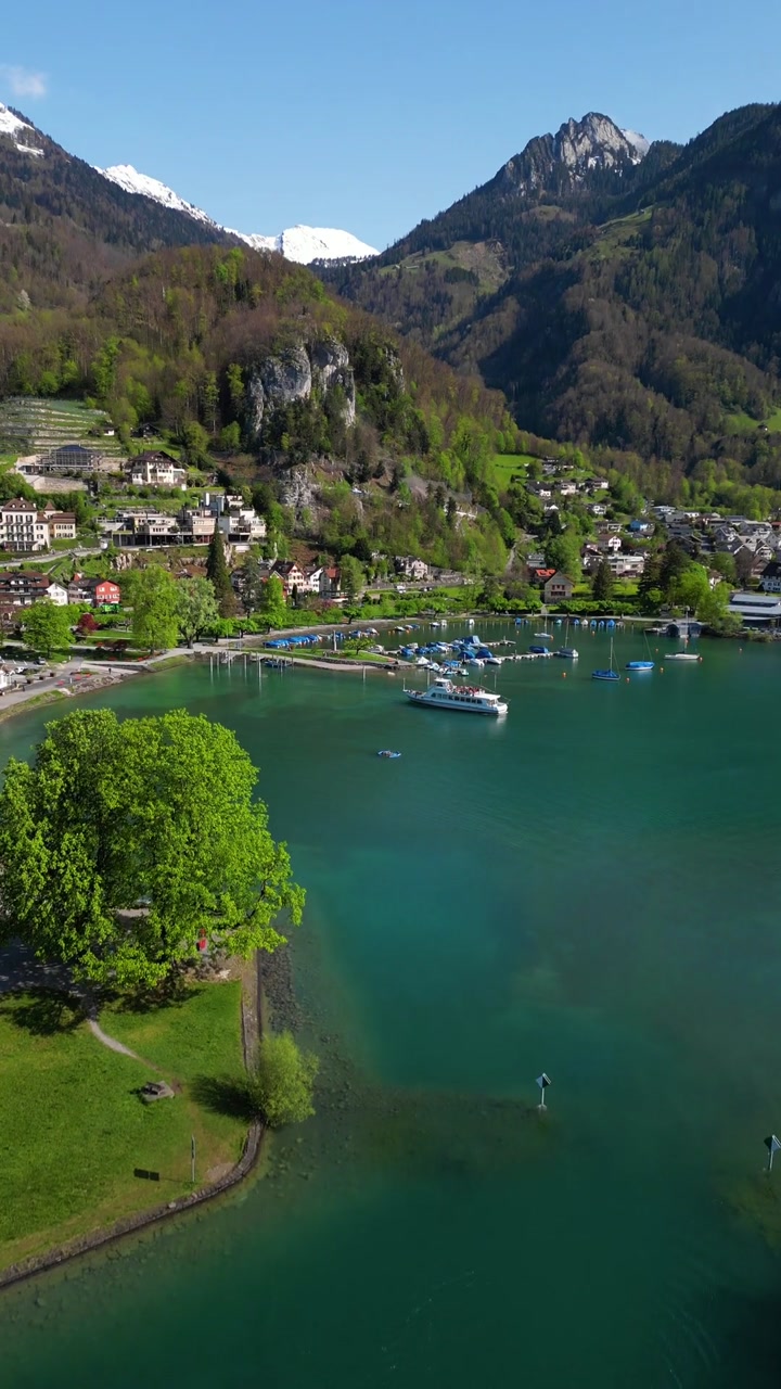 Town of Weesen on the shores of Walensee Walen Lake in Switzerland aerial drone