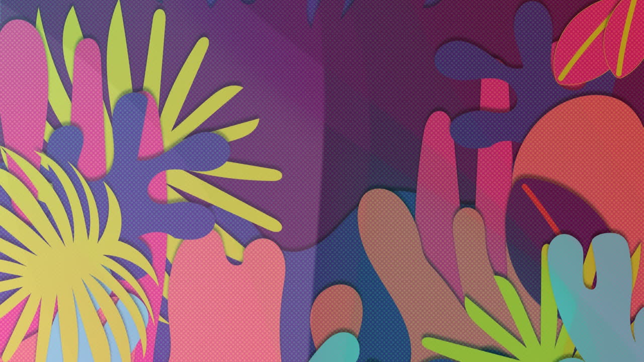 Digital animation of colorful abstract shapes moving against purple background