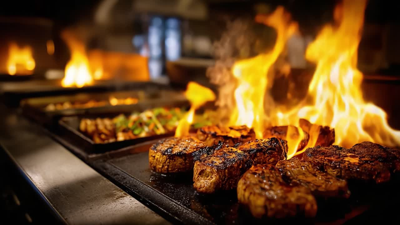 Momenti di grigliata accattivanti: un'intensa esperienza culinaria con fiamme che danzano intorno a succulente bistecche in una cucina affollata, allestita per sapori da acquolina in bocca.