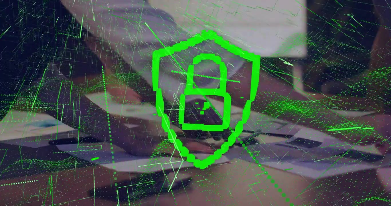 Vertical video: Sorting meeting cue driving team sorting papers at meeting table, green lock shield