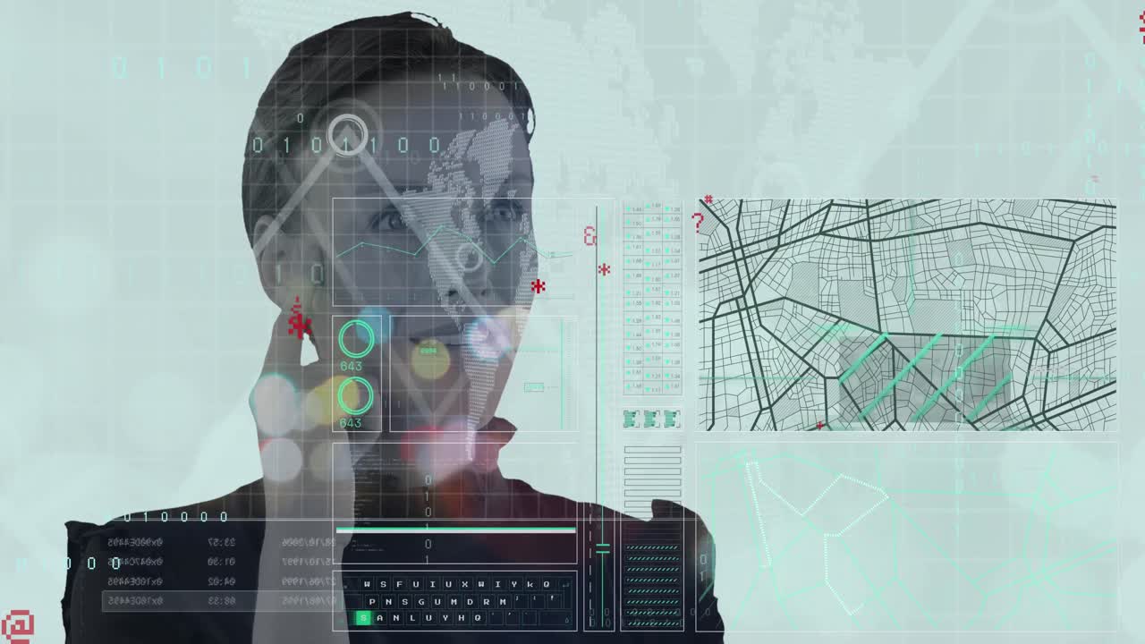 animación del procesamiento de datos financieros sobre una mujer de negocios caucásica