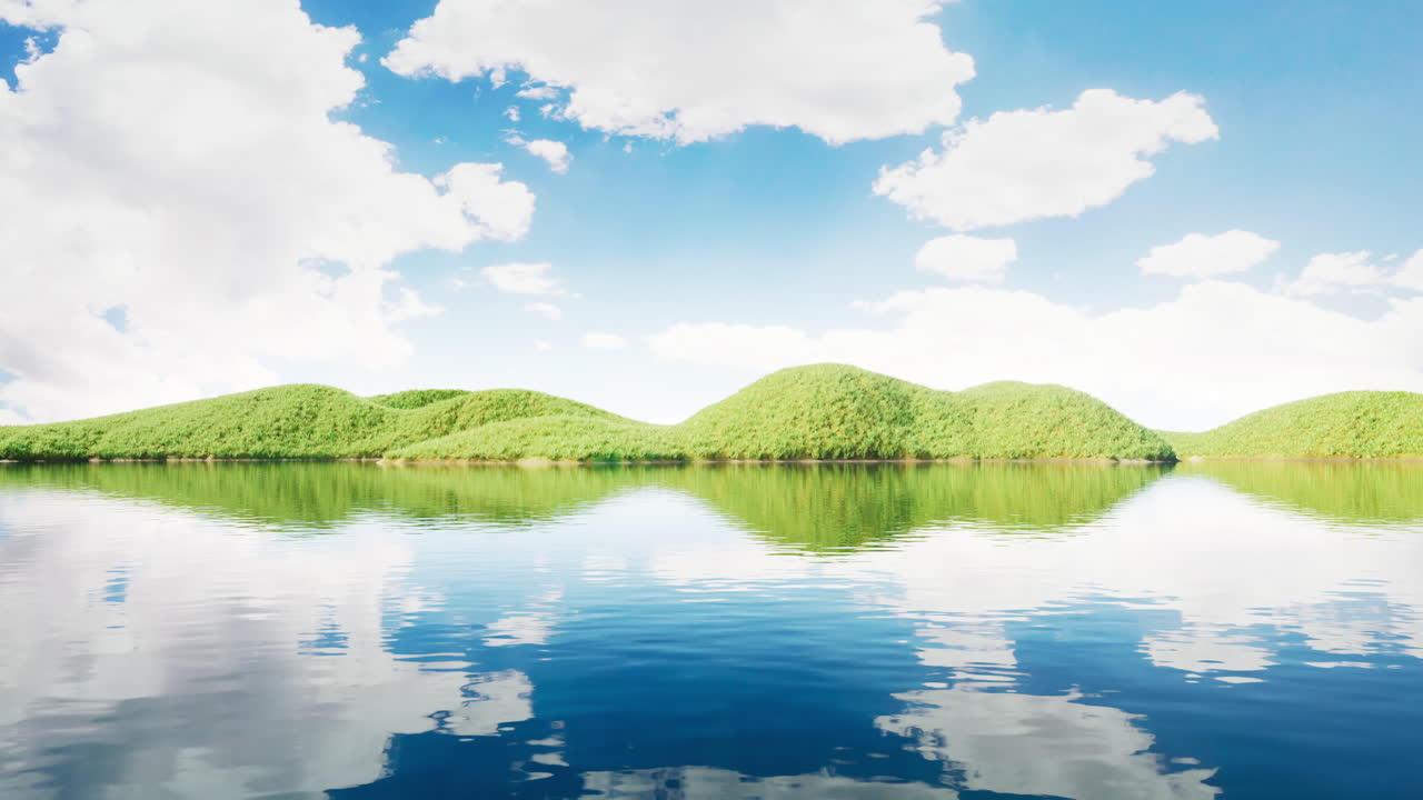 Landforms with grass and lake in the nature, 3d rendering.