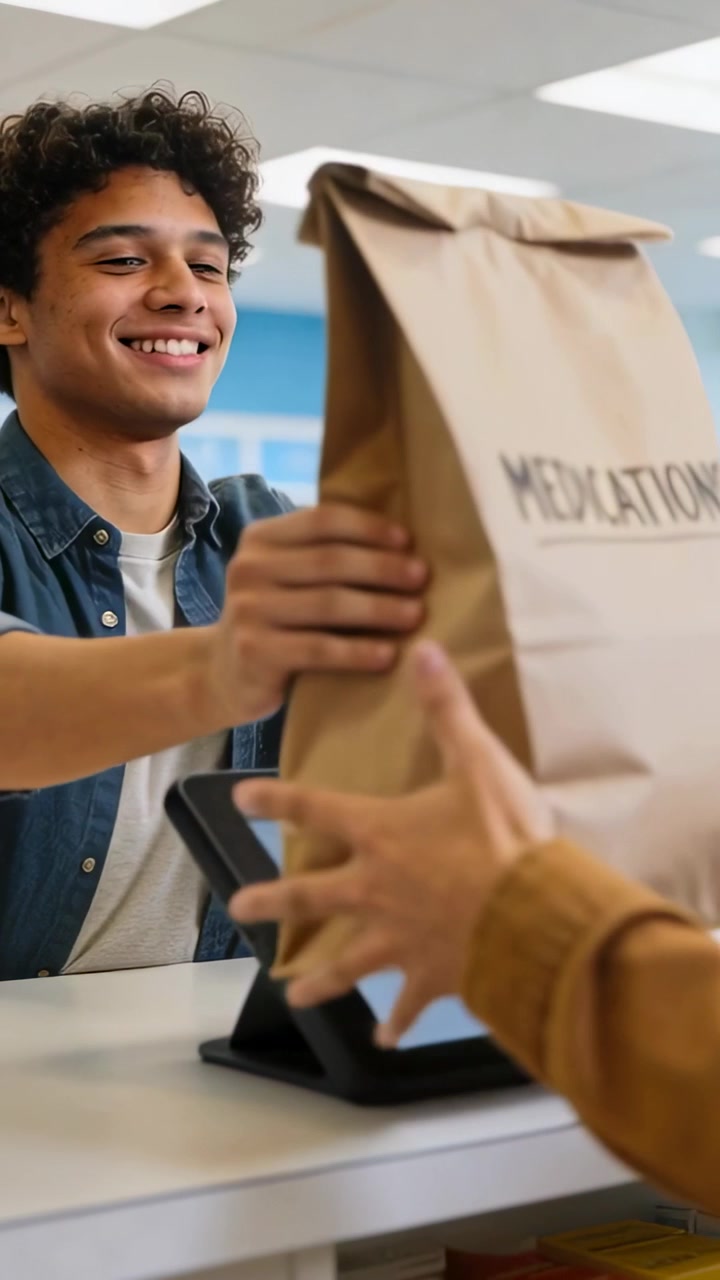 Video verticale: Cassiere sorridente in camicia blu che consegna una borsa al bancone mentre il tablet mostra la firma.