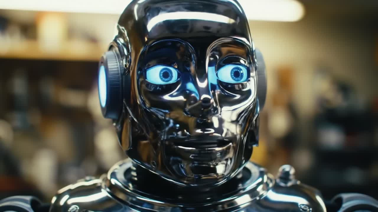 A shiny robotic character stands in a well-lit workshop, displaying bright blue eyes and metallic features.