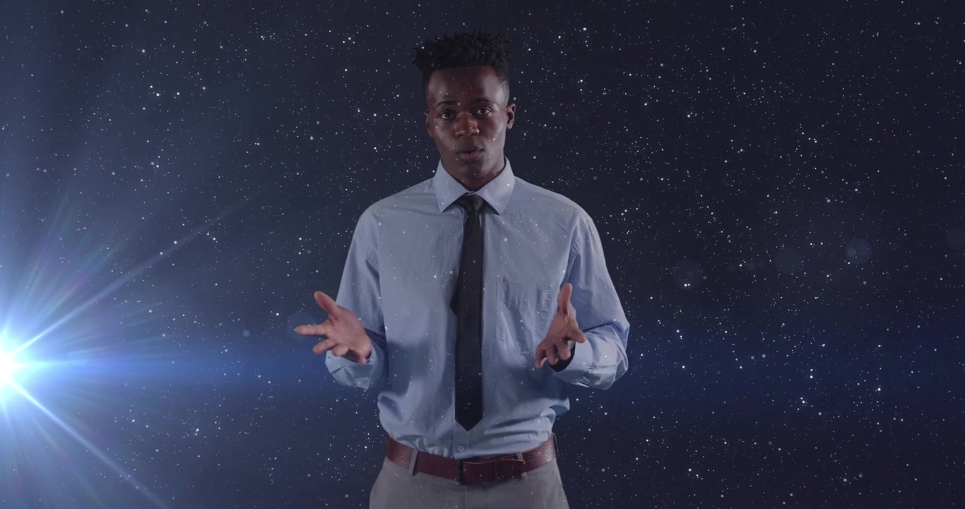 Animação de empresário afro-americano falando sobre espaço e pontos de luz.