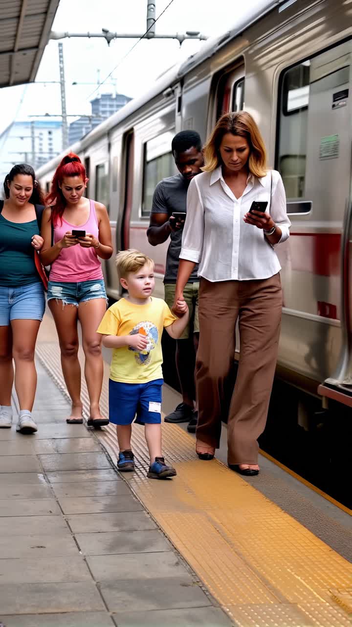 A group of people are waiting for a train at a station