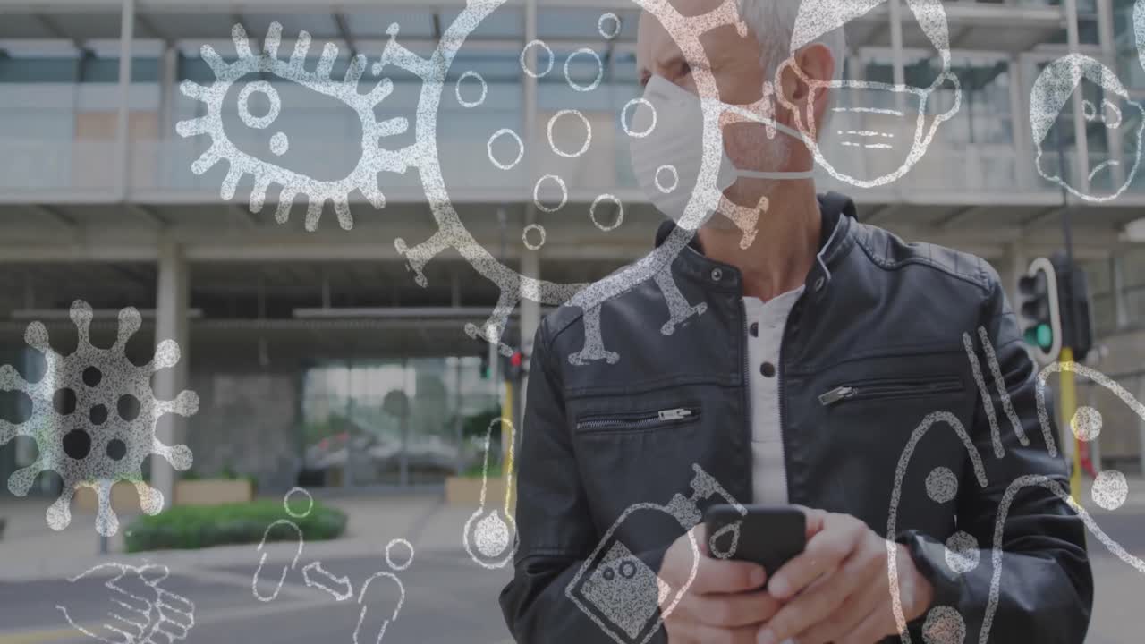 animación de células de covid-19 sobre un hombre mayor que usa una máscara facial