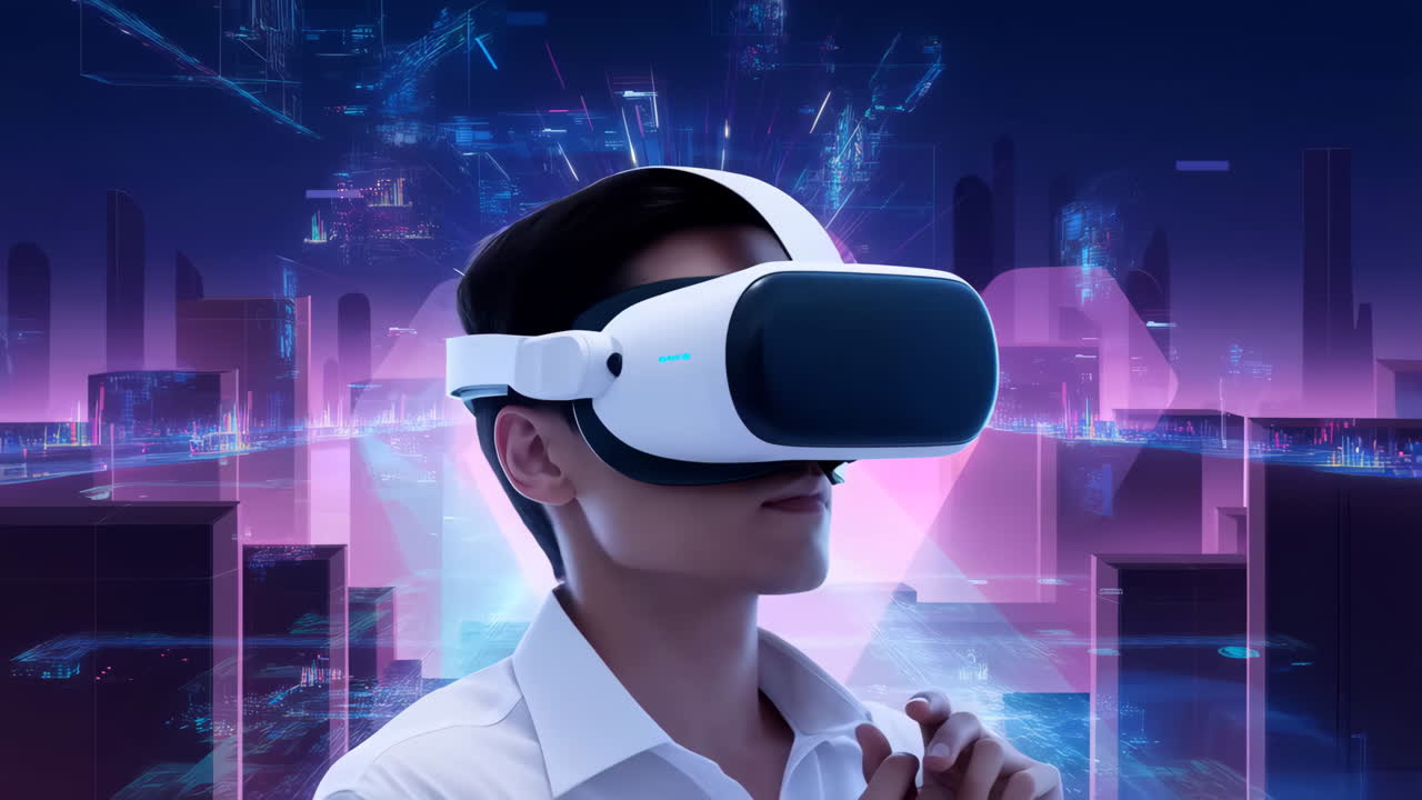 A man using a VR headset in a futuristic digital world