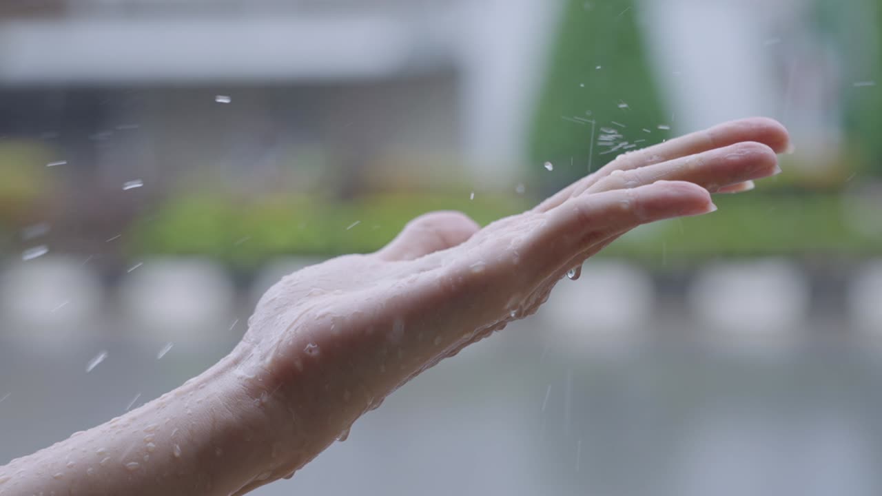 손과 방울, 비가 오는 날, 계절을 만져, 작은 손바닥에 비를 잡고, 비가 올 때 느린 동영상, 거리 에서, 지구 온난화 개념, 표면 온도 및 습도, 공기의 습도