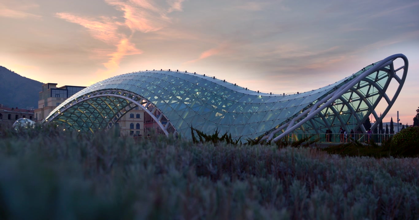 Low view the Bridge of Peace through blurred lavender plants frames in Tbilisi as lights shimmer under its glass roof and vivid peach clouds spread across the evening sky
