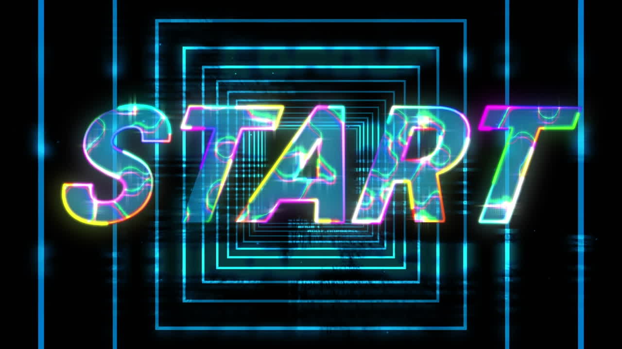 Electric effect over start text against neon blue squares in seamless motion on black background