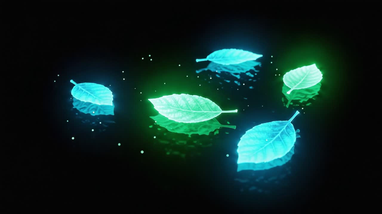 Vibrant Leaves Illuminated with Soft Lighting on a Dark Background, Creating a Stunning Visual Contrast and Atmosphere of Tranquility and Nature’s Beauty