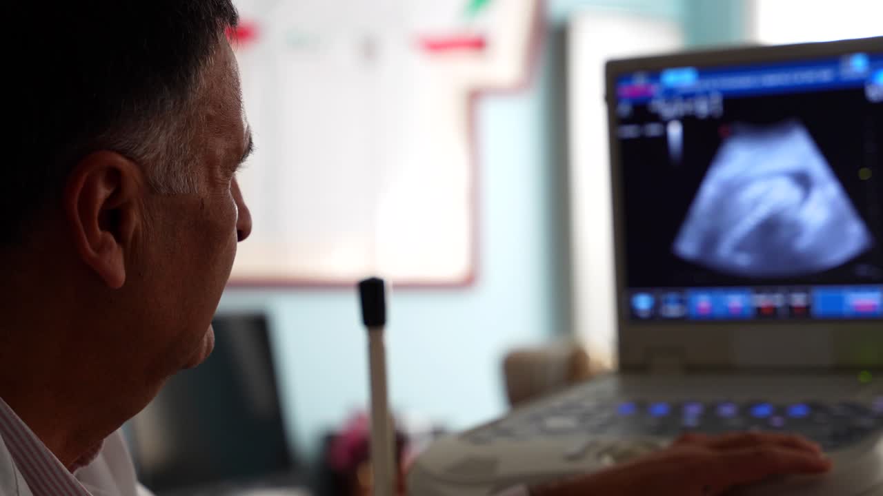 Medico che osserva lo schermo dell'ecografo durante la visita medica di una paziente incinta.